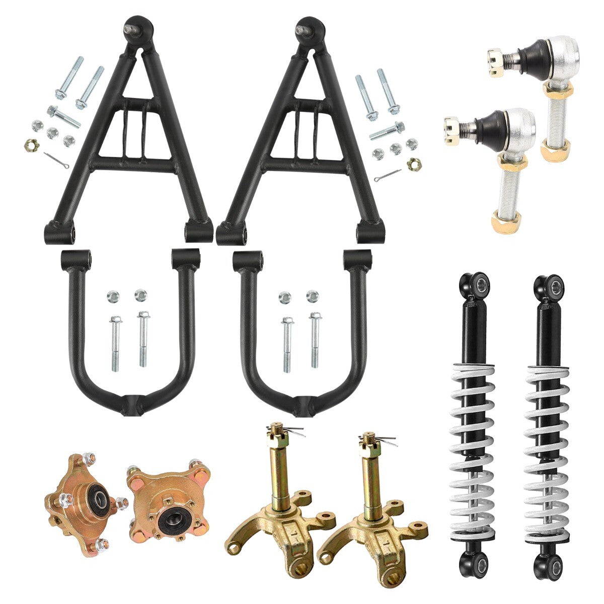 Front shock absorbers with upper and lower impact control arms, flanges, and wheels suitable for all-terrain vehicles, go-karts, and off-road vehicles.