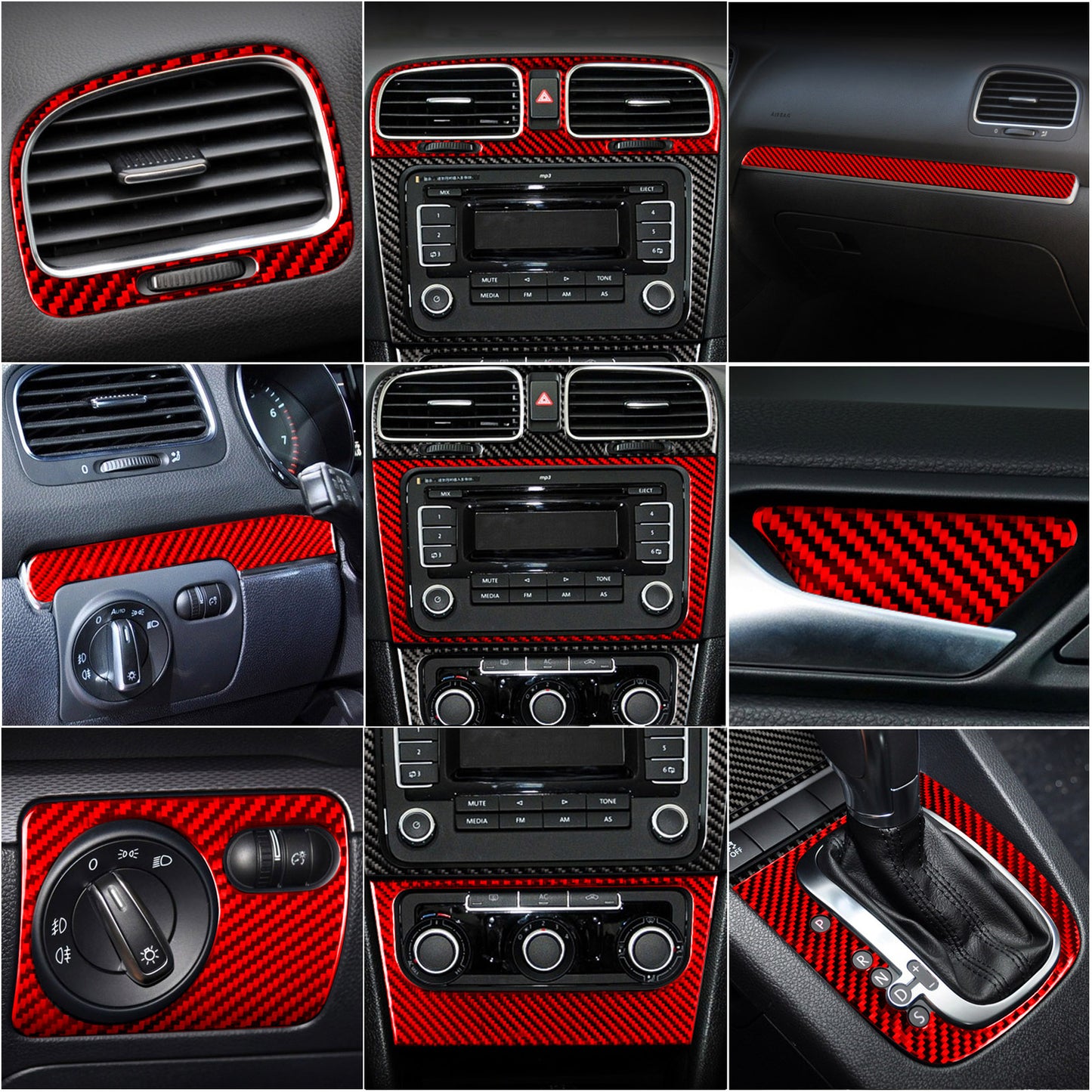 15PCS Red Carbon Fiber Interior Full Set Kit Trim for VW for Golf 6 MK6 GTI 2008-12