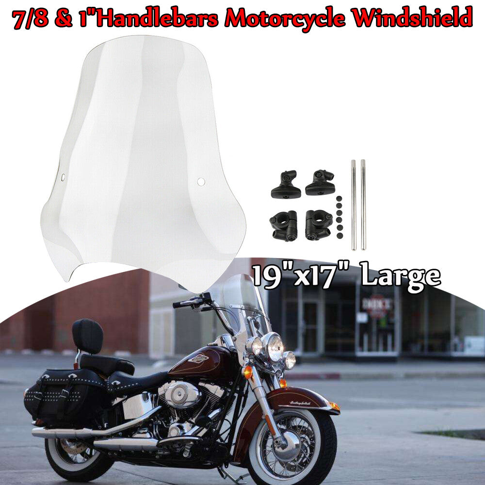 Motorcycle clear windshield 7/8 inch 1 inch handlebar swivel for Harley-Davidson 19 x 17