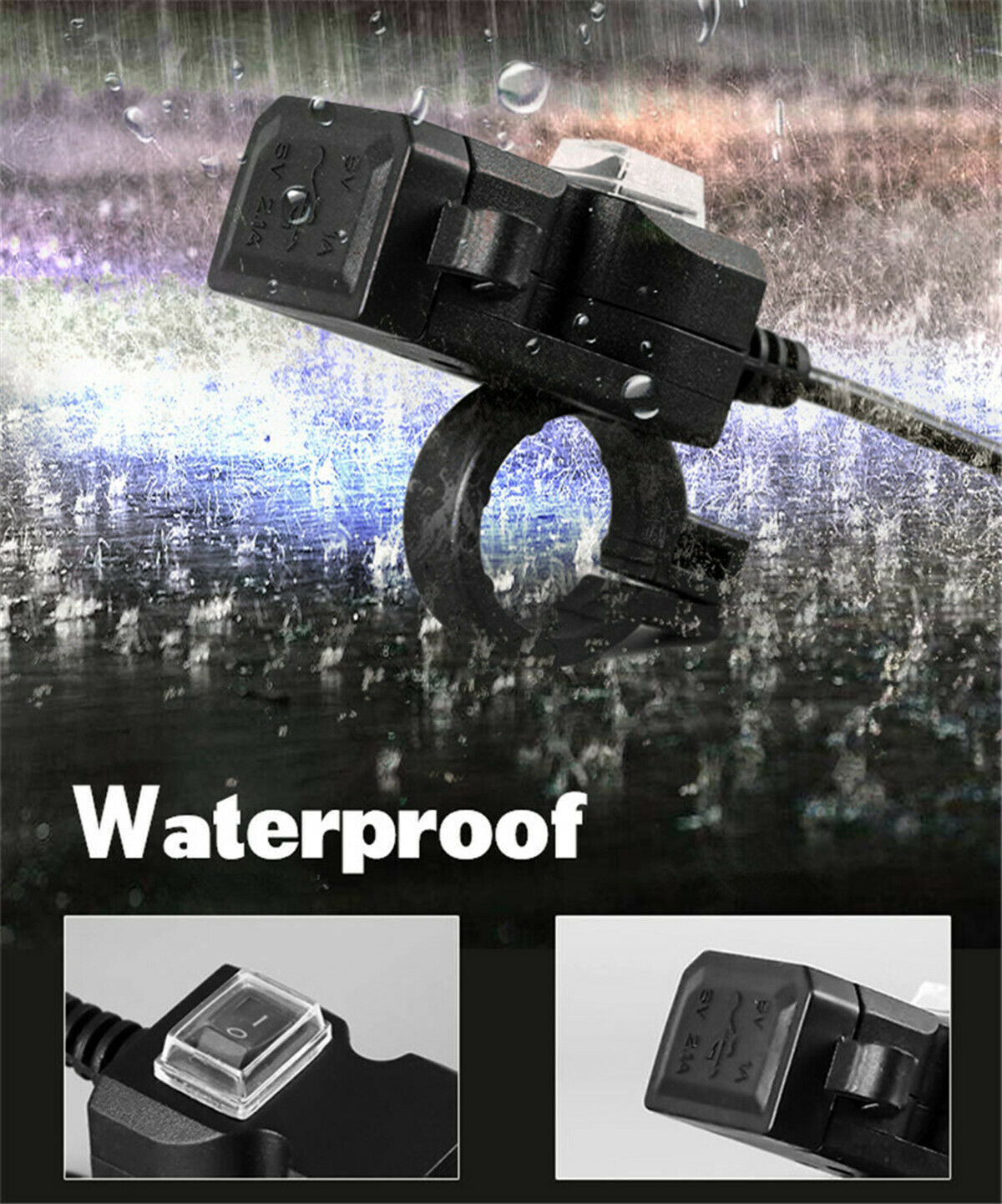 Dual USB Motorcycle Handlebar Charging Jack 12V Waterproof with Switches and Brackets