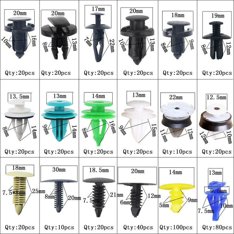 500-piece pack of mixed automotive fasteners, door panel trim, bumper fender push rivets, 18 types