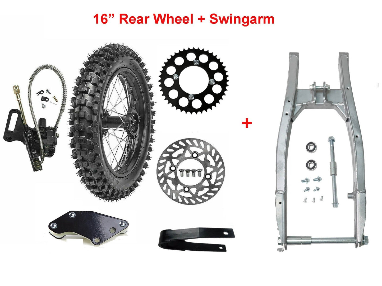 16-inch rear wheel swingarm kit, 90/100-16 tires and rims, assembled for SSR 150cc/200cc pit bikes.