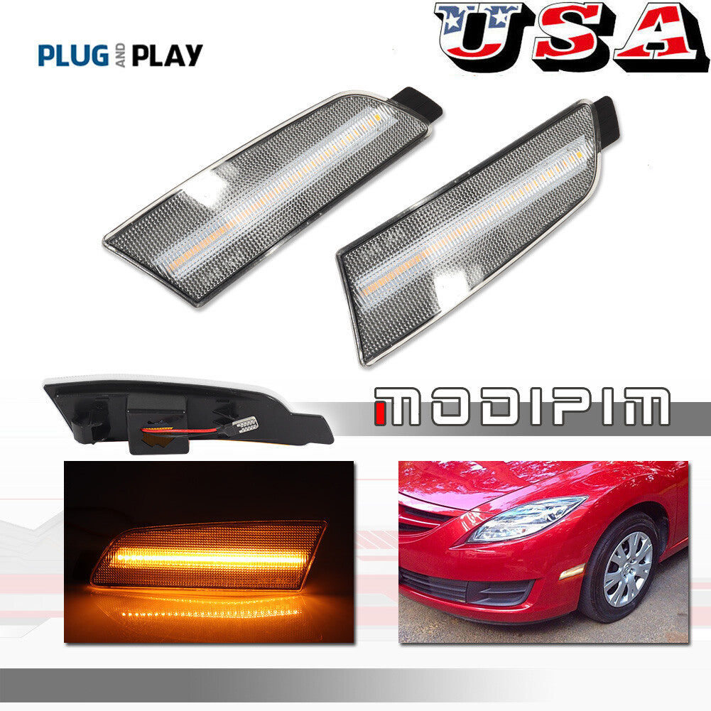 pair of transparent lens amber LED front marker lights for MAZDA 6-series vehicles manufactured between 2009 and 2013.