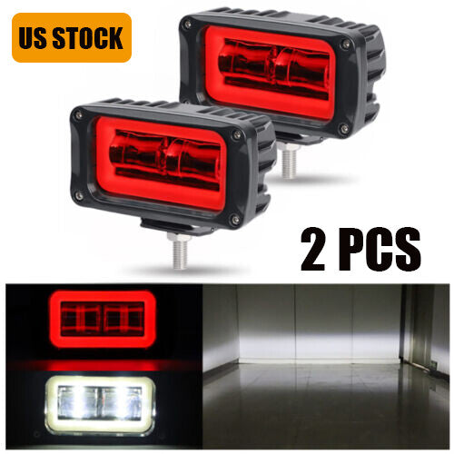 2X 4in LED Work Light Bar Red Halo DRL Spot Offroad Driving Pods Fog ATV SUV UTV