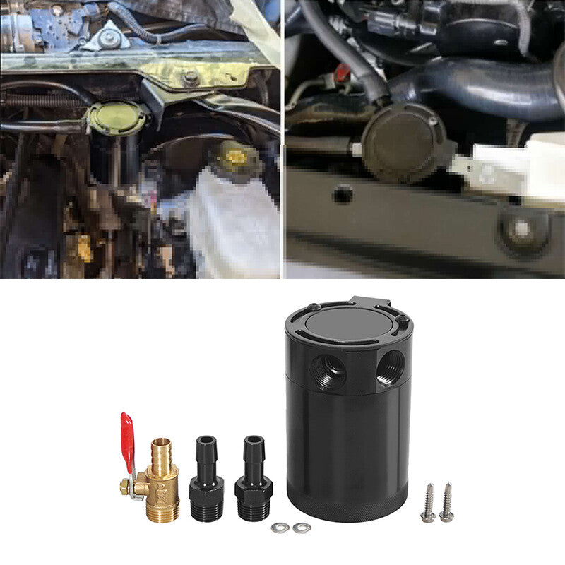 Black Oil Catch Can Baffled 2Port Oil Catch Tank Reservoir Drain Valve Universal