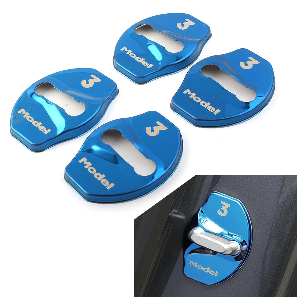 4PCS Car Door Lock Cover Trim Protective Case Fit for Tesla Model 3 Auto Blue