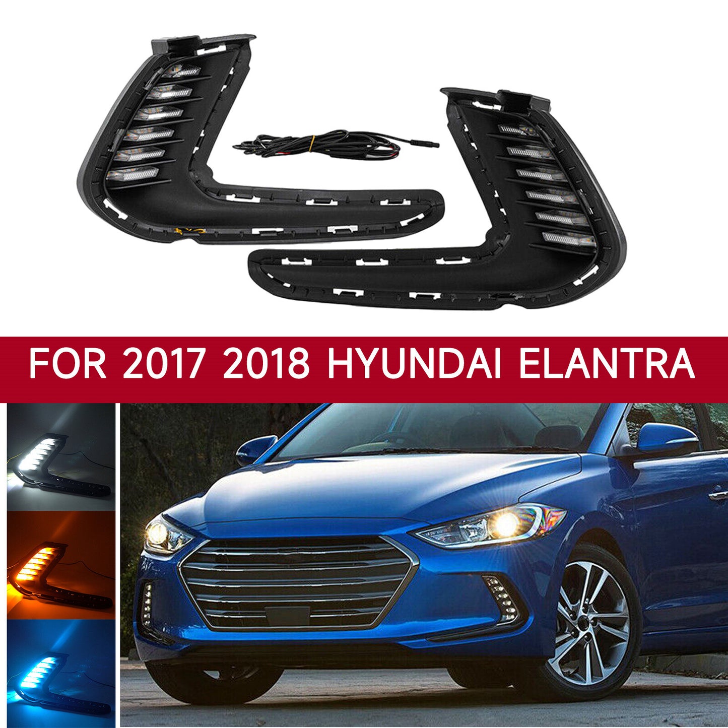 Pair of LED DRL turn signal daytime running fog lights for 2017 for Hyundai for Elantra