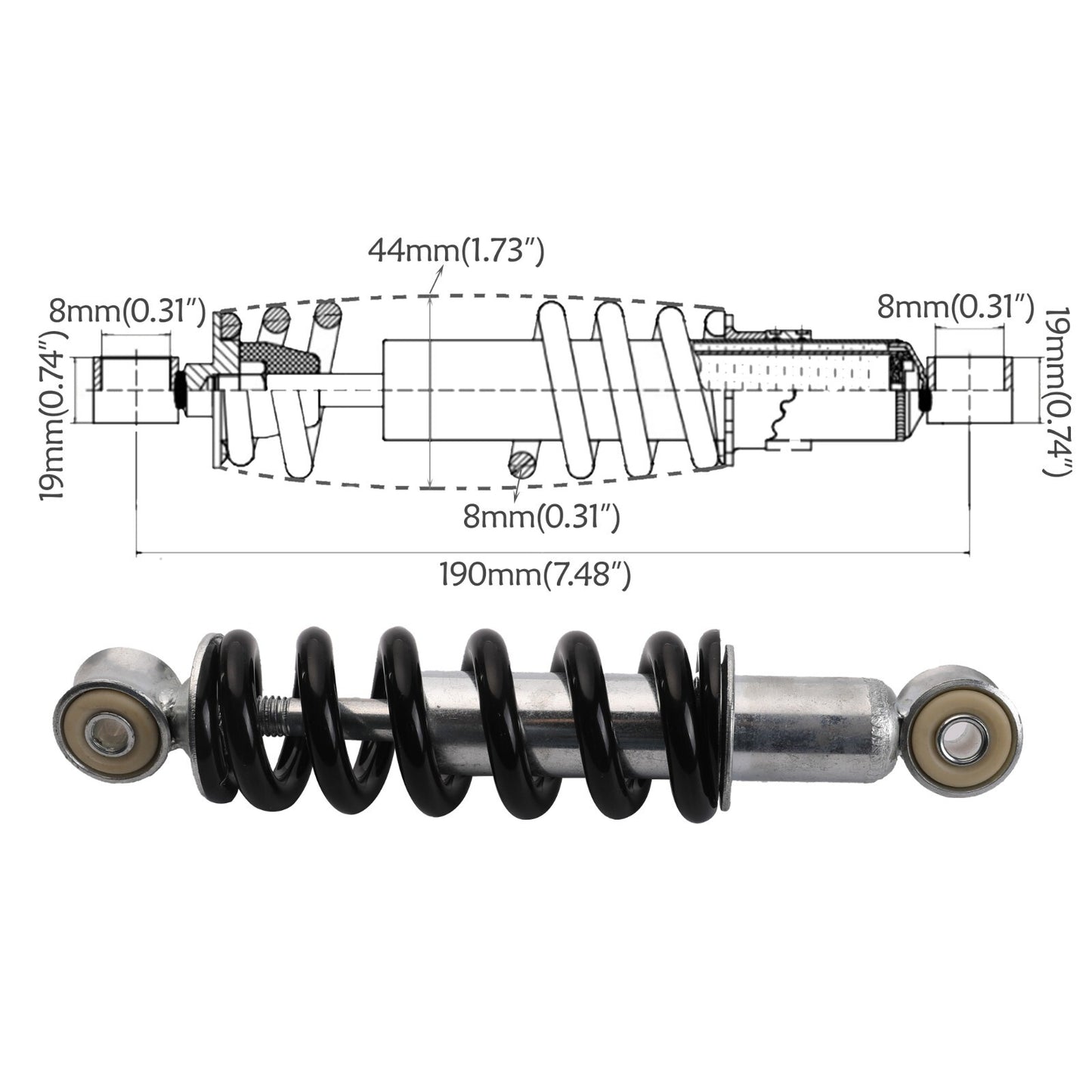 190mm rear shock absorber suitable for off-road 47cc and 49cc Dirt Pit quad bikes.