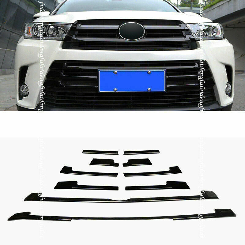 10X for Toyota Highlander 17-19 Piano Black Front Bumper Grille Grill Cover Trim