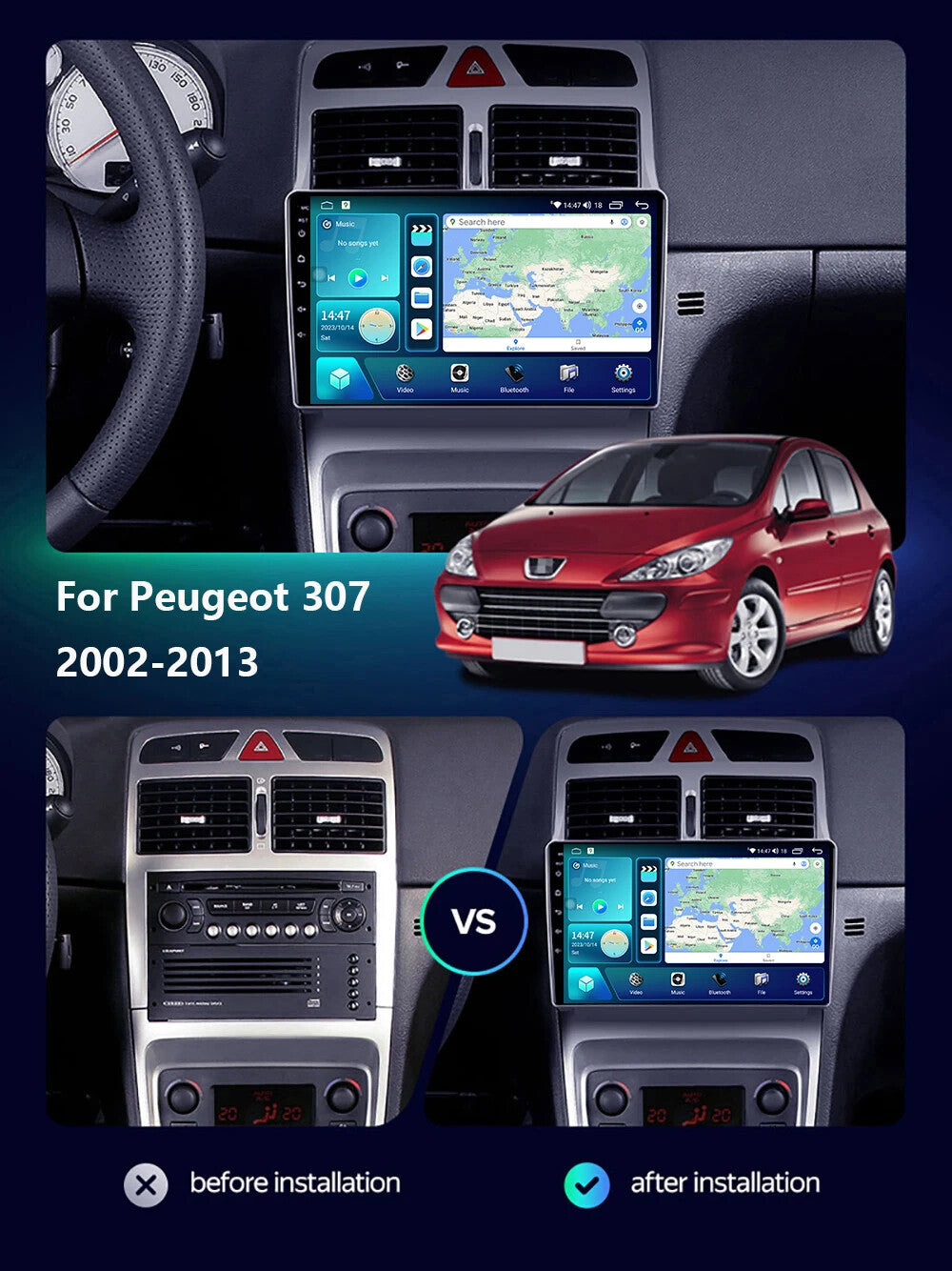 for Peugeot 307CC 307SW 2002-13 Car Stereo Radio GPS Android Auto CarPlay Screen
