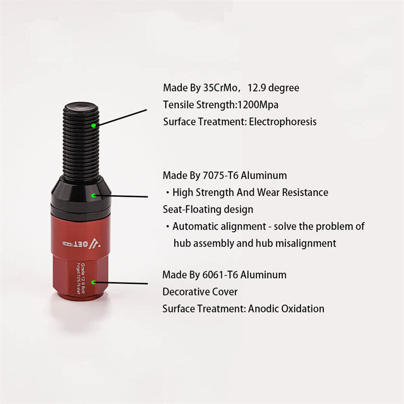 20PCS M14x1.5 Red Wheel Lug Bolt 35mm Shank Cone for Seat Stud for Most Aftermarket