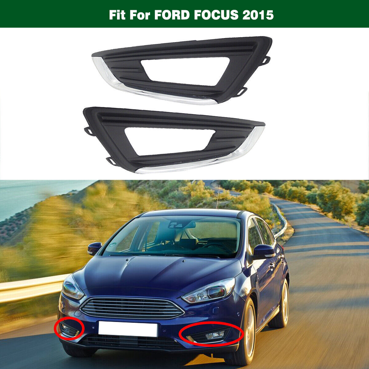 Pair Front Fog Lamp Light Cover Bezel Chrome Trim Fit for Ford Focus 2015 2016