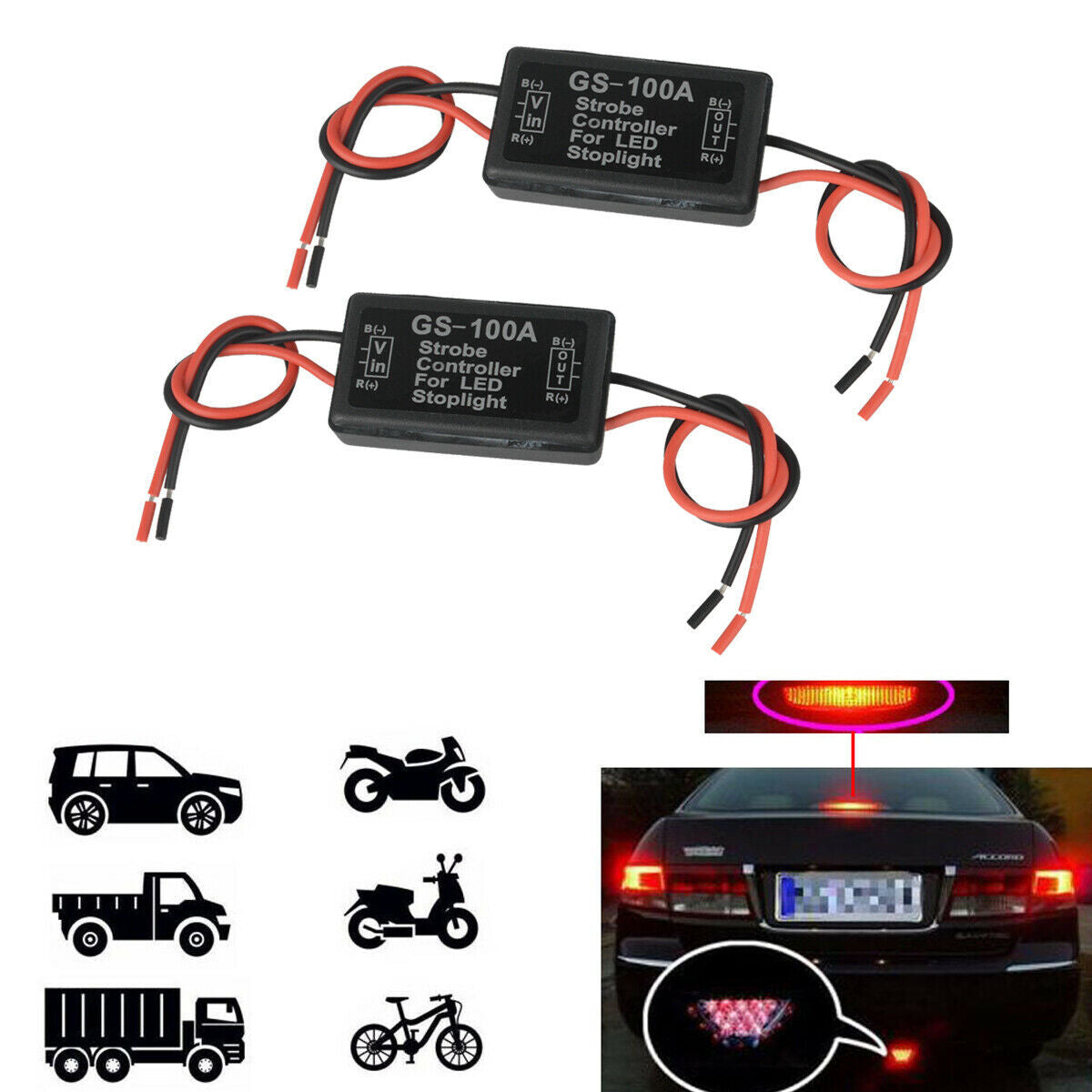 2 PCS 12V Flash Strobe LED Brake Tail Stop Light Controller Box Flasher Module