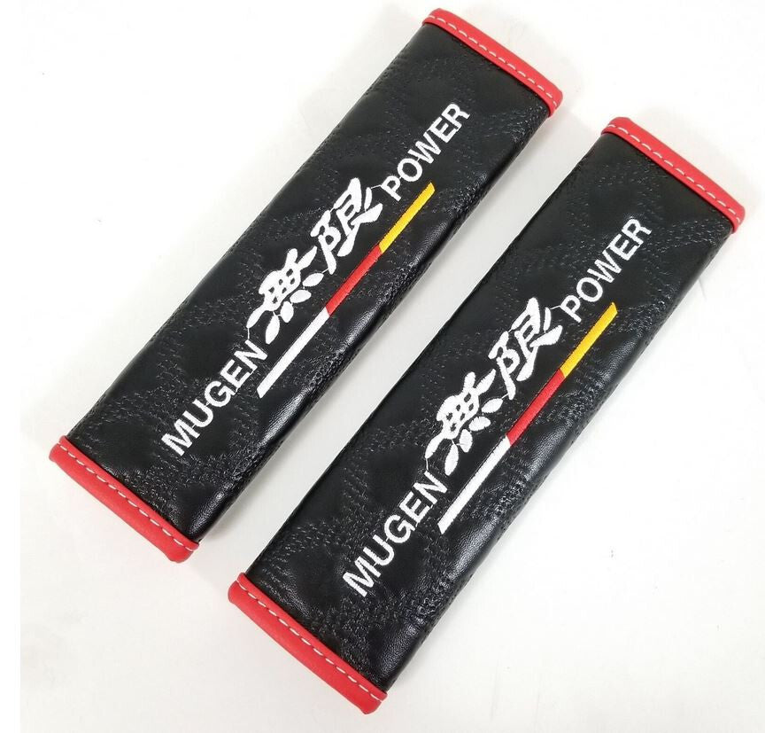 2-Piece Car Seatbelt Covers & Shoulder Belts, Black Leather, Mugen for Honda for Acura