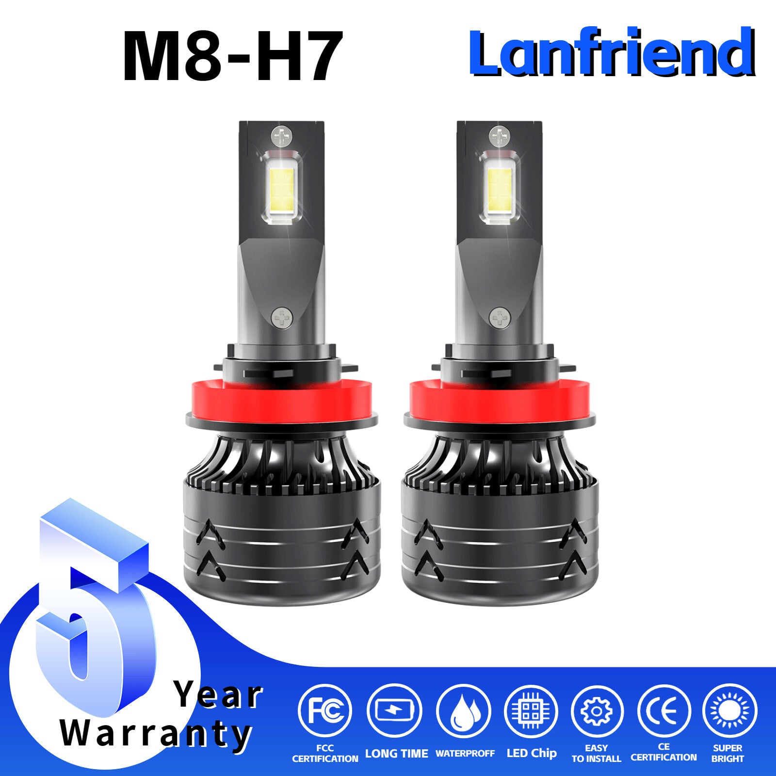 2x H7 Headlight Super Bright Bulbs Kit 6000K 8000LM Hight Power While 12 chips