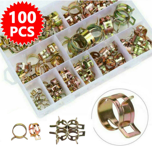 100x 6-17mm Fuel Hose Line Water Pipe Air Tube Spring Clip Clamps Assortment Kit