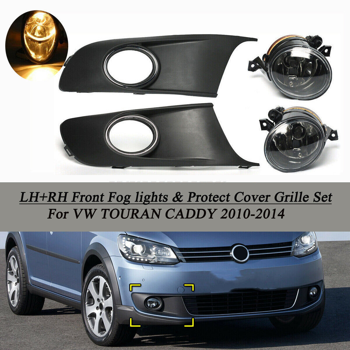 Front Bumper Fog Light Lamp+Cover Grille Set for VW TOURAN CADDY 2010-14 L+R UK