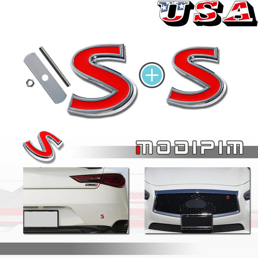 3D Metallic S Red Front Grille Badge/Bolt Rear Trunk Lid Badge for Infiniti Q50 Q60 Q70