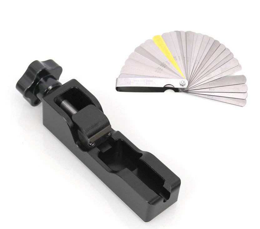 Universal spark plug gap tool for most 10/12/14/16 mm spark plugs with contact gauge.