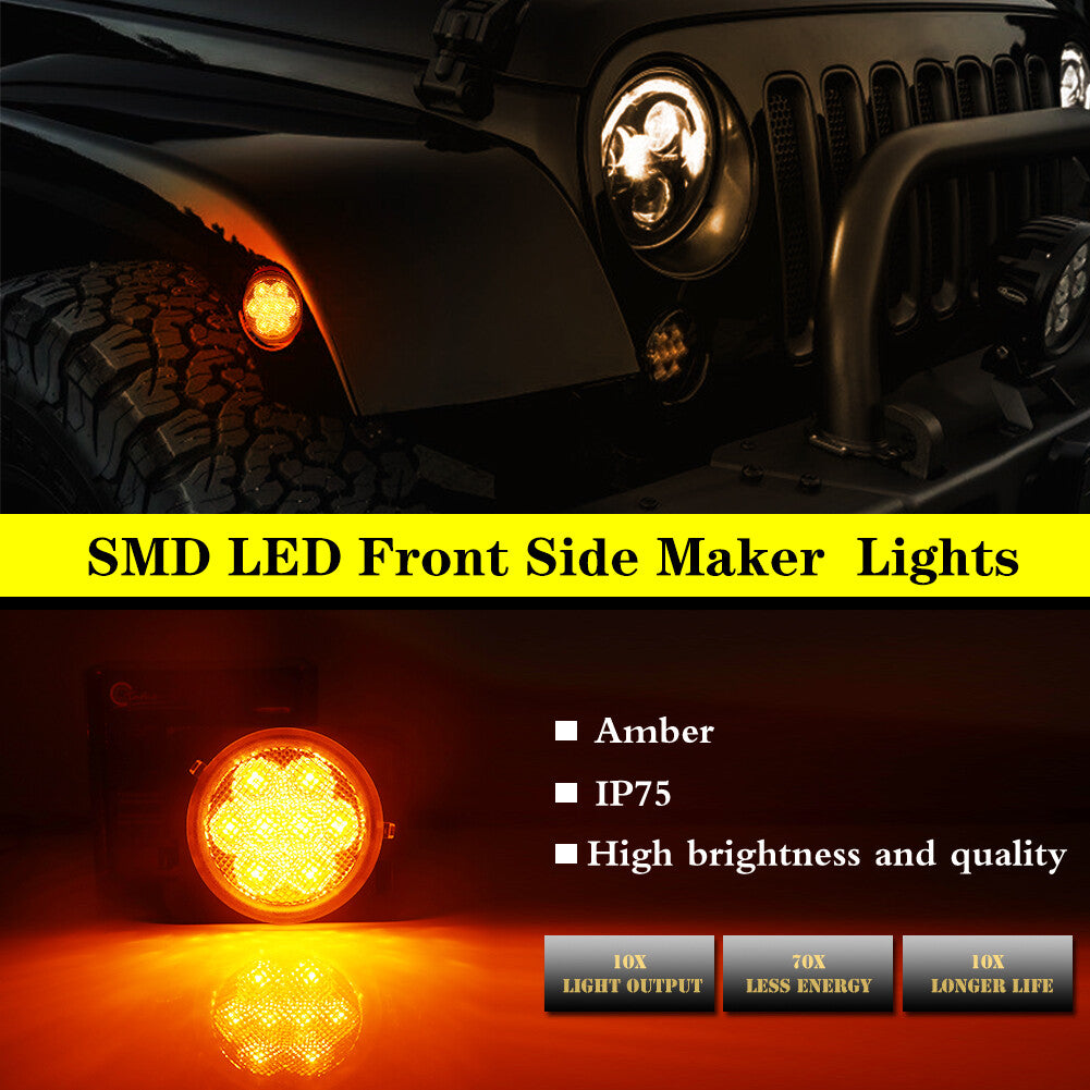 Suitable for 2007-15 for Jeep for Wrangler JK with clear lens, amber LED side markers, and turn signals.