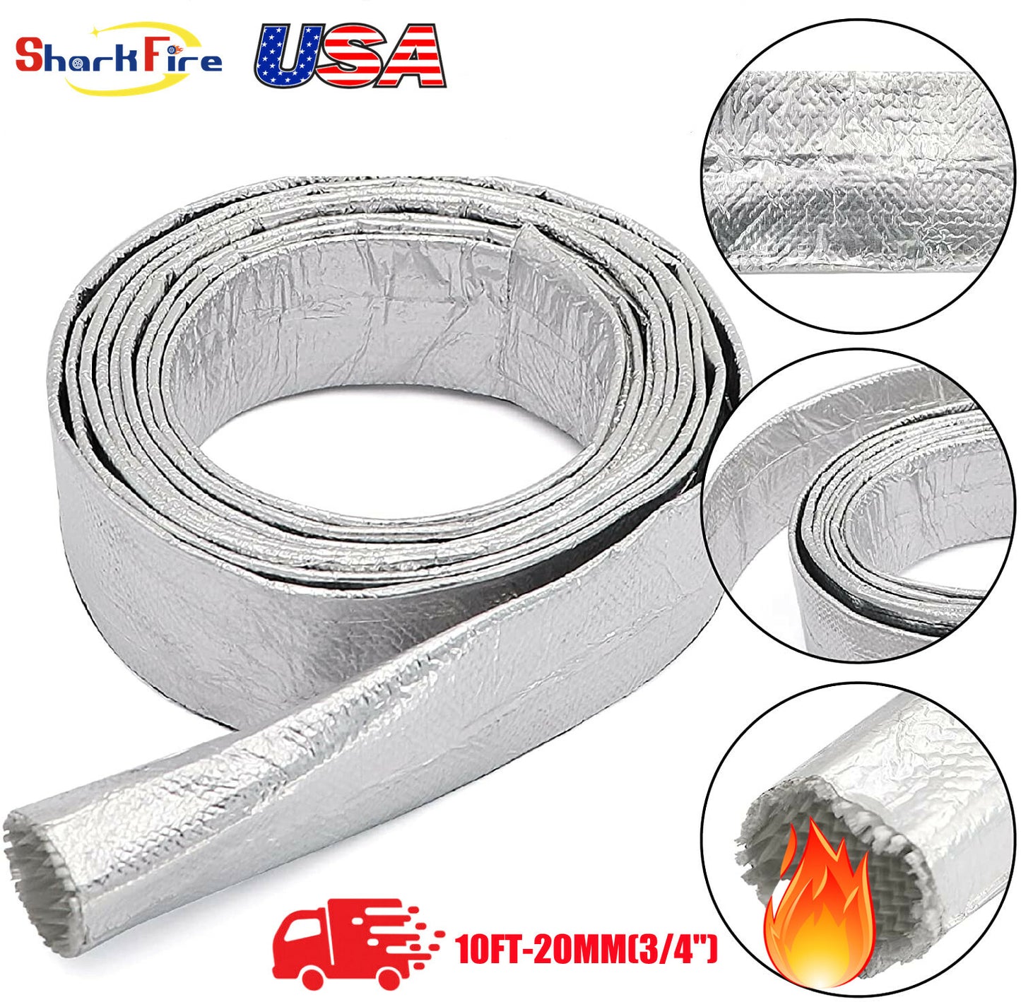Aluminized Heath Wire Wrap Shield Sleeve, 3/4 inch ID x 10 feet, adjustable