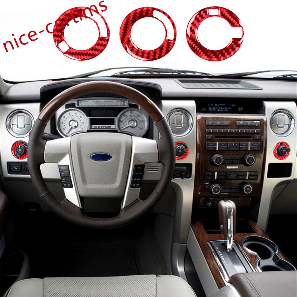 Red Carbon Fiber Four Axis Rotary Switch Knob Ring Cover for Ford F150 2009-2014