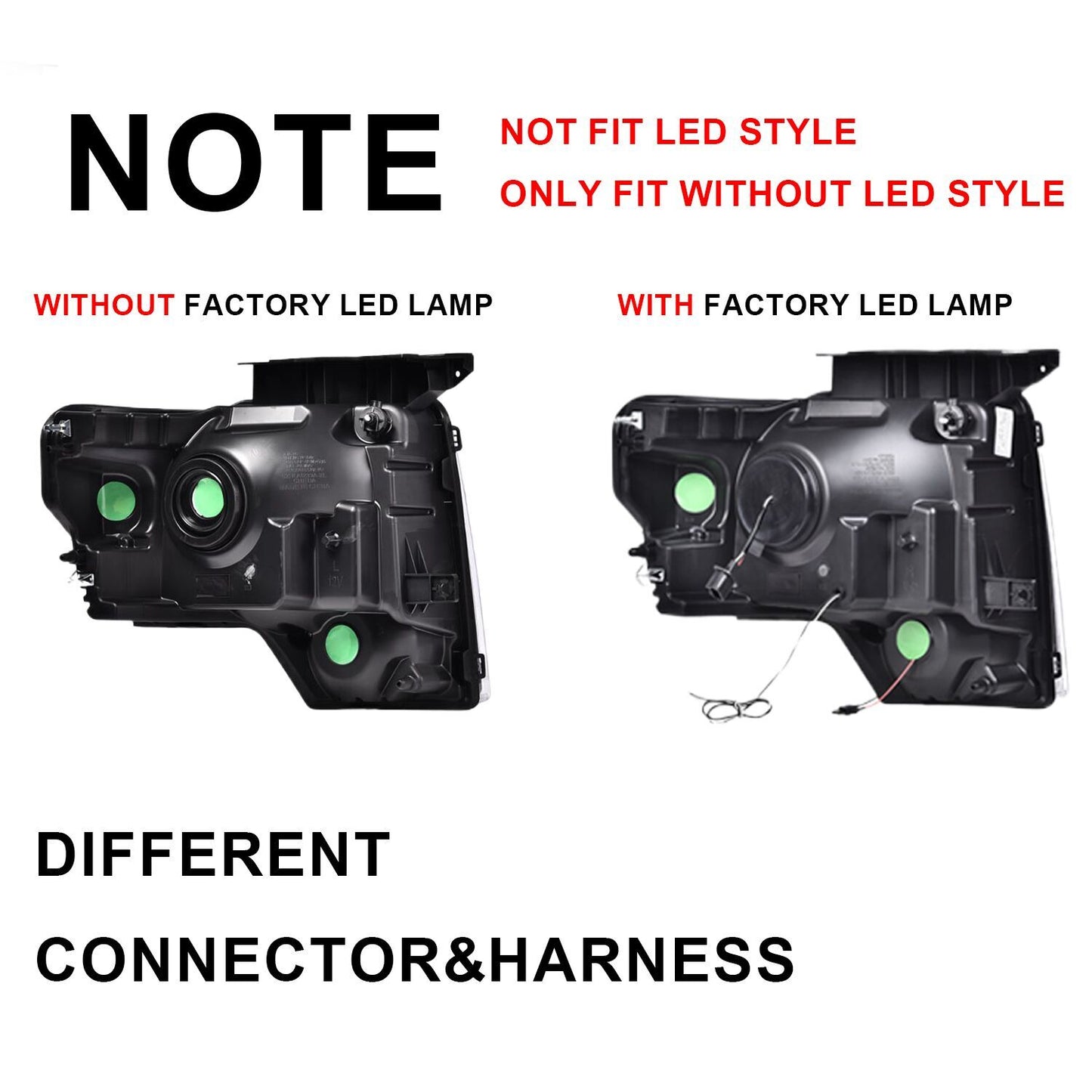 Suitable for 2009-2014 for Ford F-150. Black headlight assembly with pickup for left and right sides.