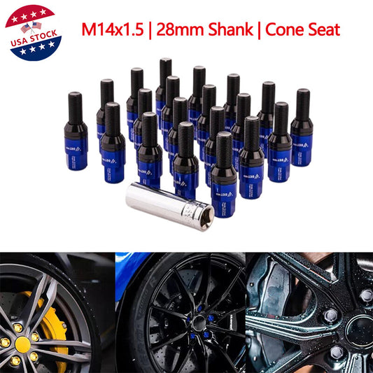 Blue 20-piece M14x1.5 wheel cam bolt tapered for seat stud 28mm kit suitable for most aftermarket applications.