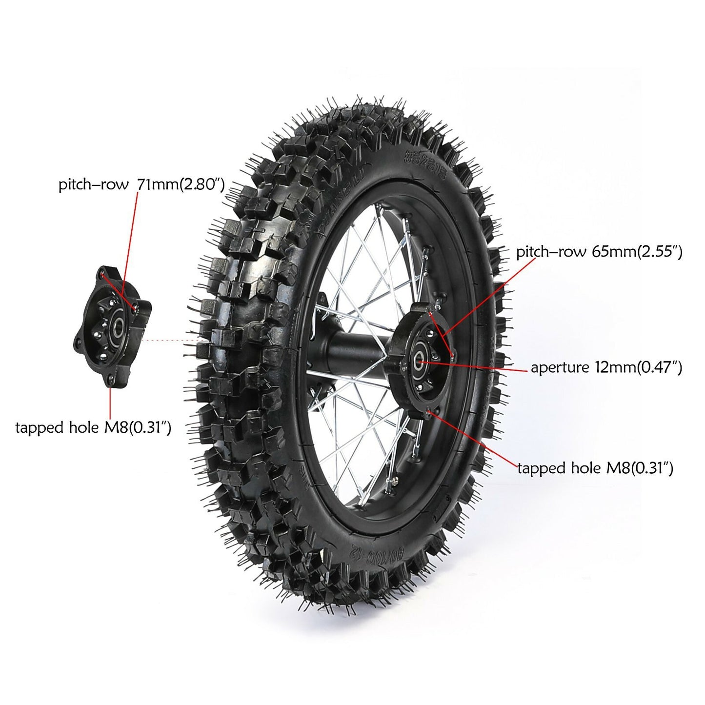 14-inch and 12-inch wheels, 60/100-14 and 80/100-12 rims, for mountain bikes CRF50, KX65, and Apollo, 110cc, 125cc.