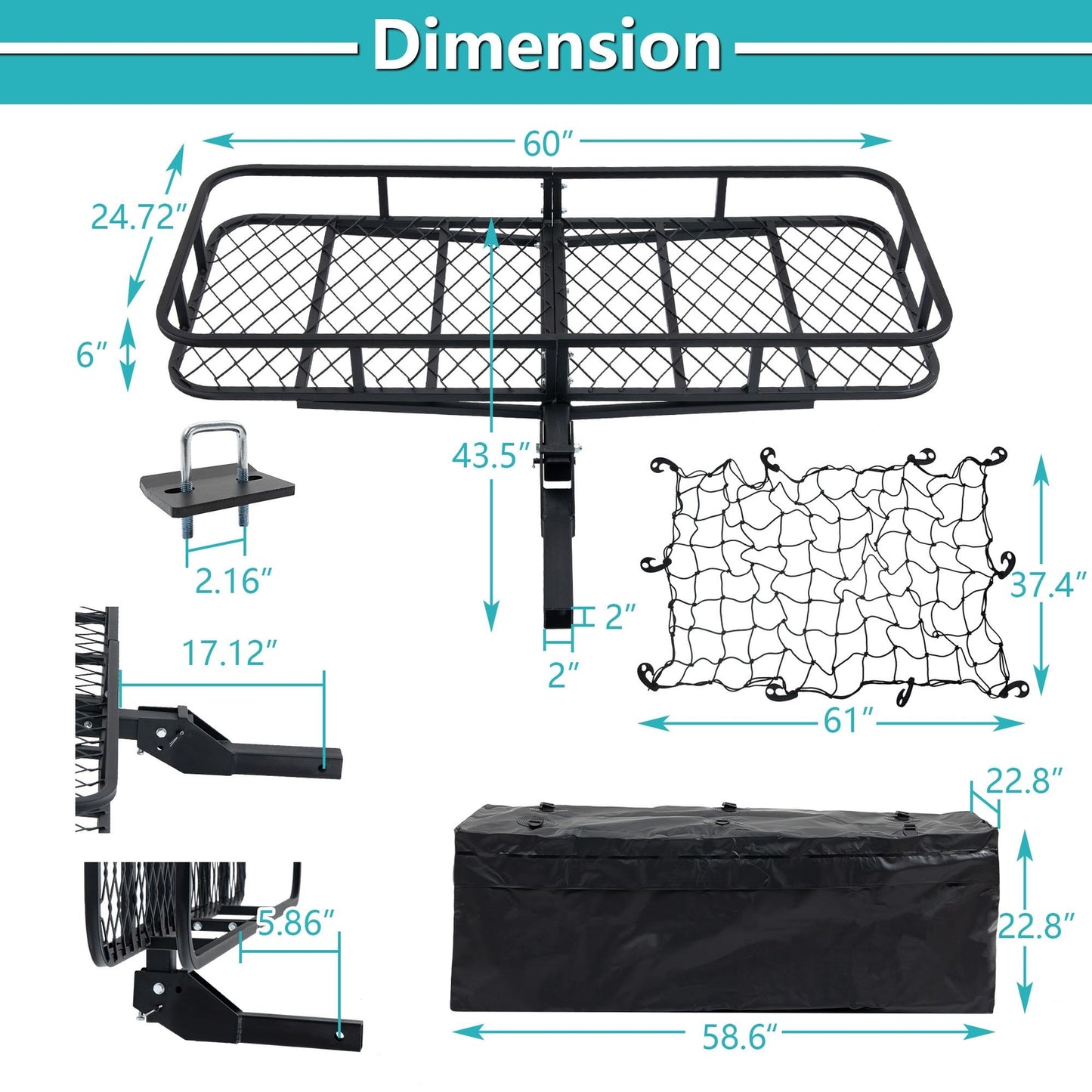 Durable trailer with hanging rack, folding cargo basket, and cargo netting
