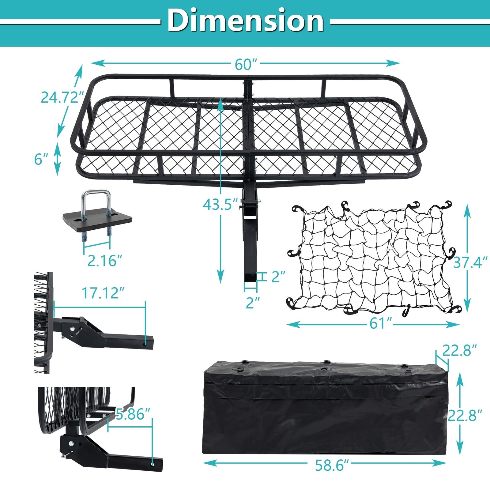 Durable trailer with hanging rack, folding cargo basket, and cargo netting