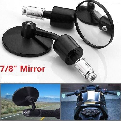 A pair of motorcycle handlebar end mirrors, side view, 7/8 22mm aluminum.