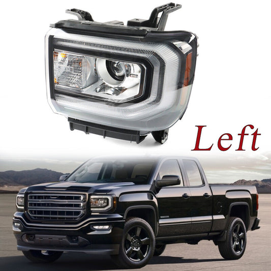 Headlights applicable to 2016-2018 for GMC for Sierra 1500 LED DRL projector with HID/xenon headlights on the left.