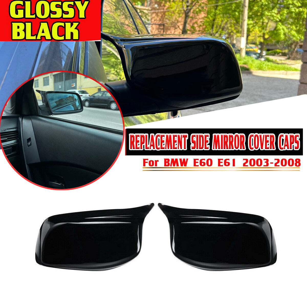 A pair of glossy black mirror-finish protective cases, Model M, suitable for 2003-2008 for BMW E60, E61, E63, E64
