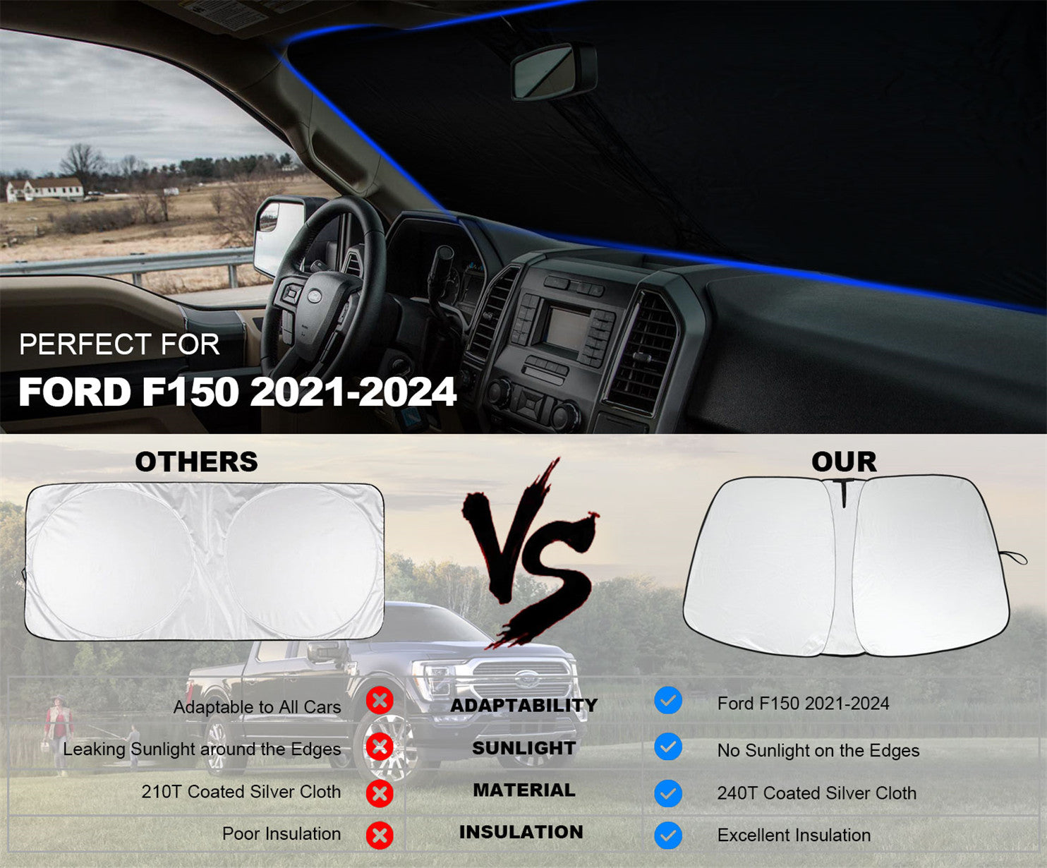 For 2021-2024 for Ford F150 Cab Windshield Sun Shade Front Foldable Heat Block Cover