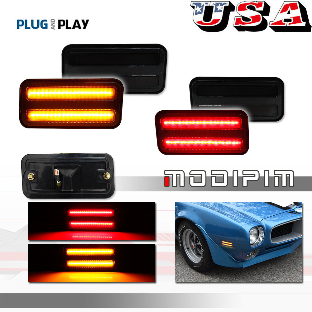 4-piece smoked LED front + rear side marker lights in amber red for Pontiac Firebird models 70-81.
