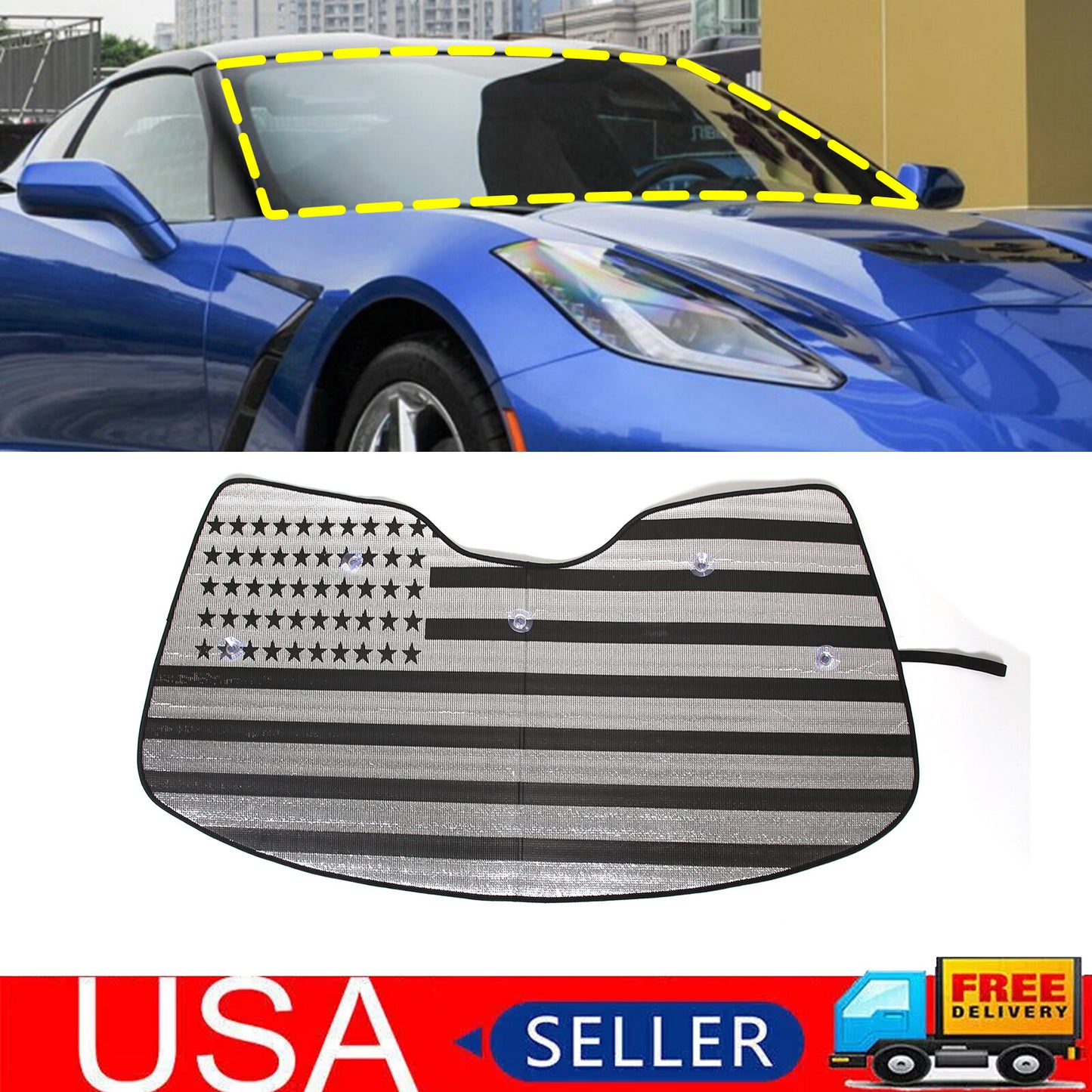 American Flag Car Windshield Sunshade Foldable Protective Cover for Corvette C7 2014-2019