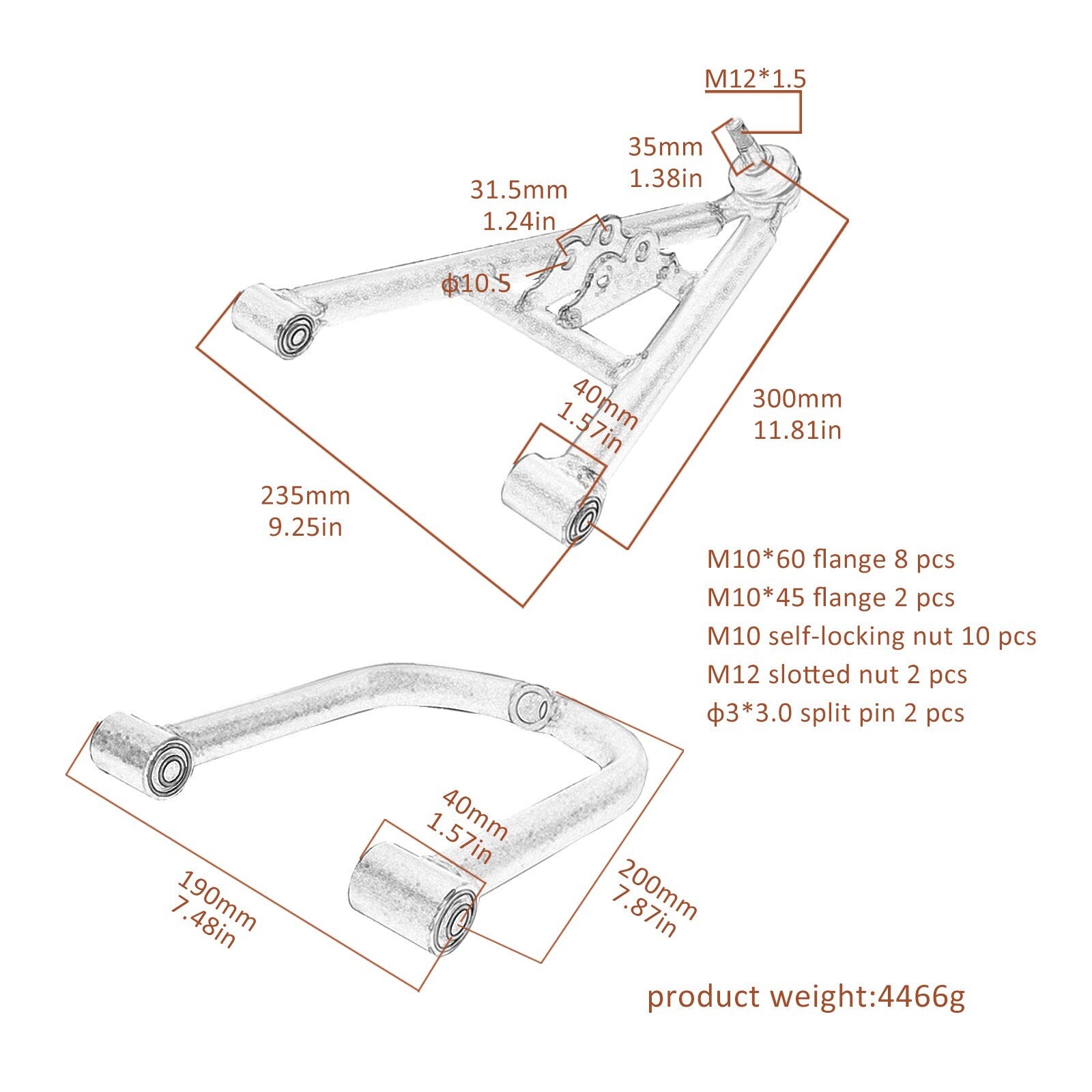 Upper/lower control arm front suspension arm component kit for four-wheeled bicycles, all-terrain vehicles, and go-karts