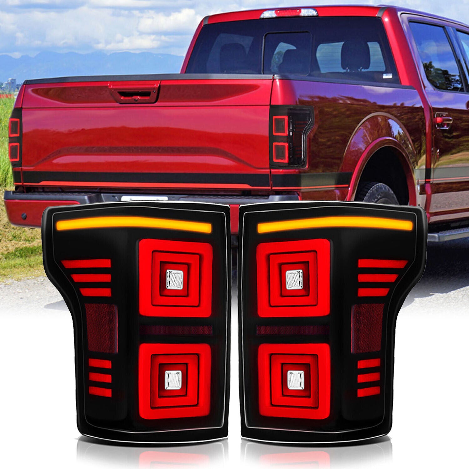 A pair of smoke-style LED taillights with sequential turn signals for the for Ford F-150 2015-2020.
