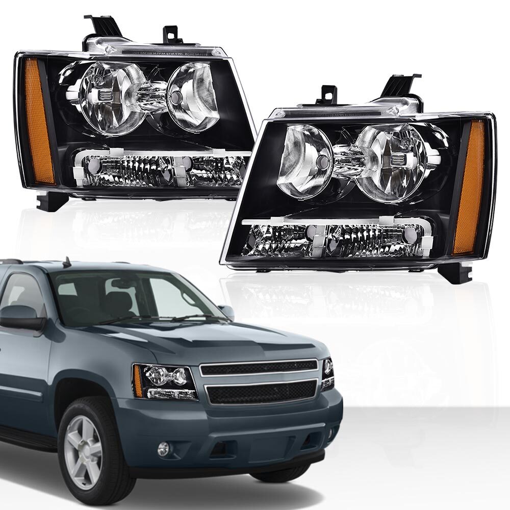 2-Piece Amber Corner Black Headlights for 07-14 for Chevrolet Avalanche Tahoe Suburban