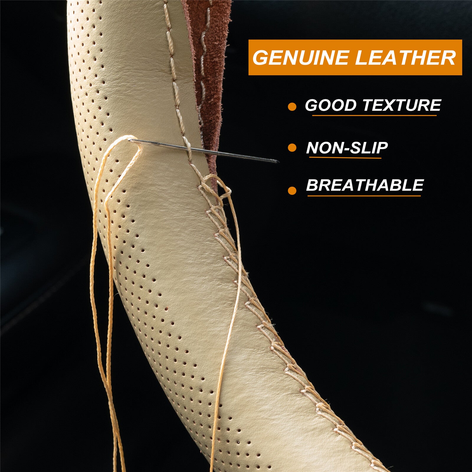 38cm DIY Car Steering Wheel Cover Genuine Leather Breathable Anti-slip Beige