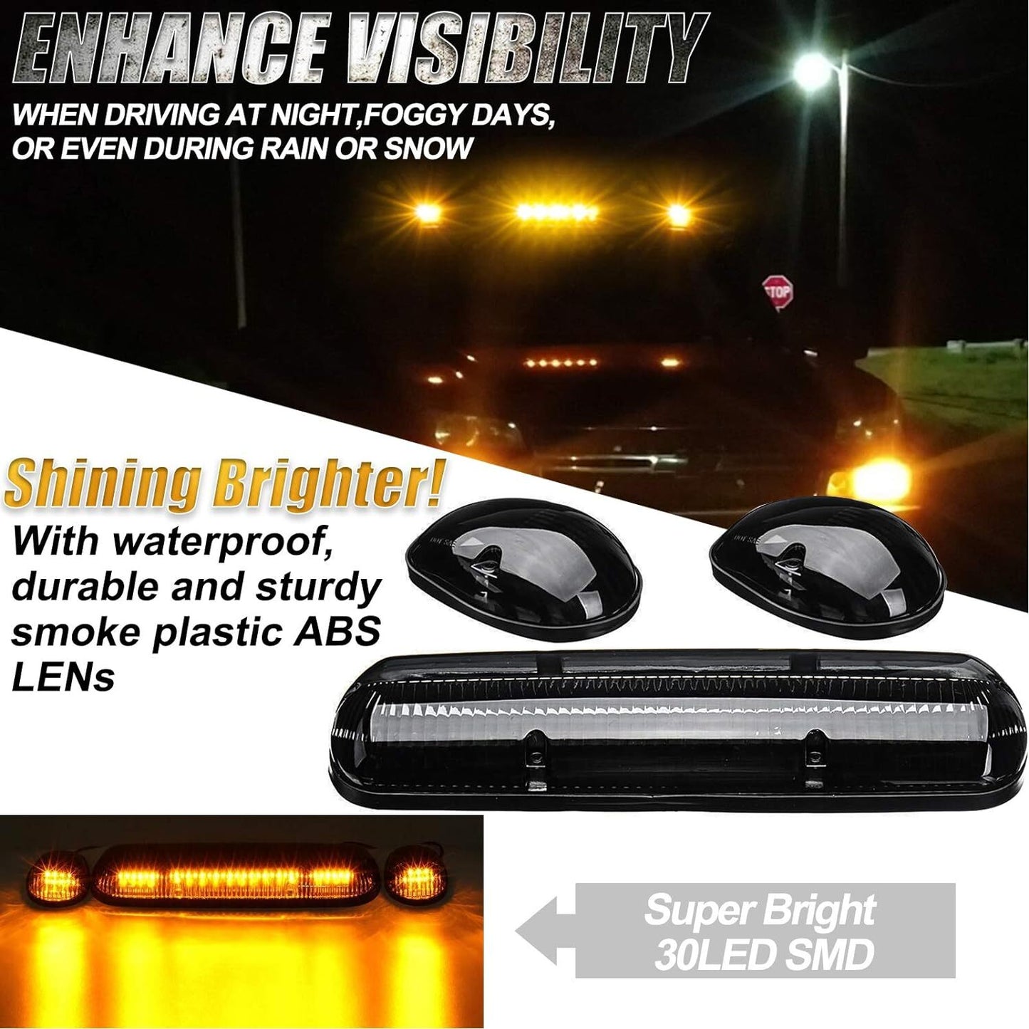 3x For 2002-2007 for Chevy for GMC for Sierra 1500 Smoke Amber LED Cab Roof Top Marker Light