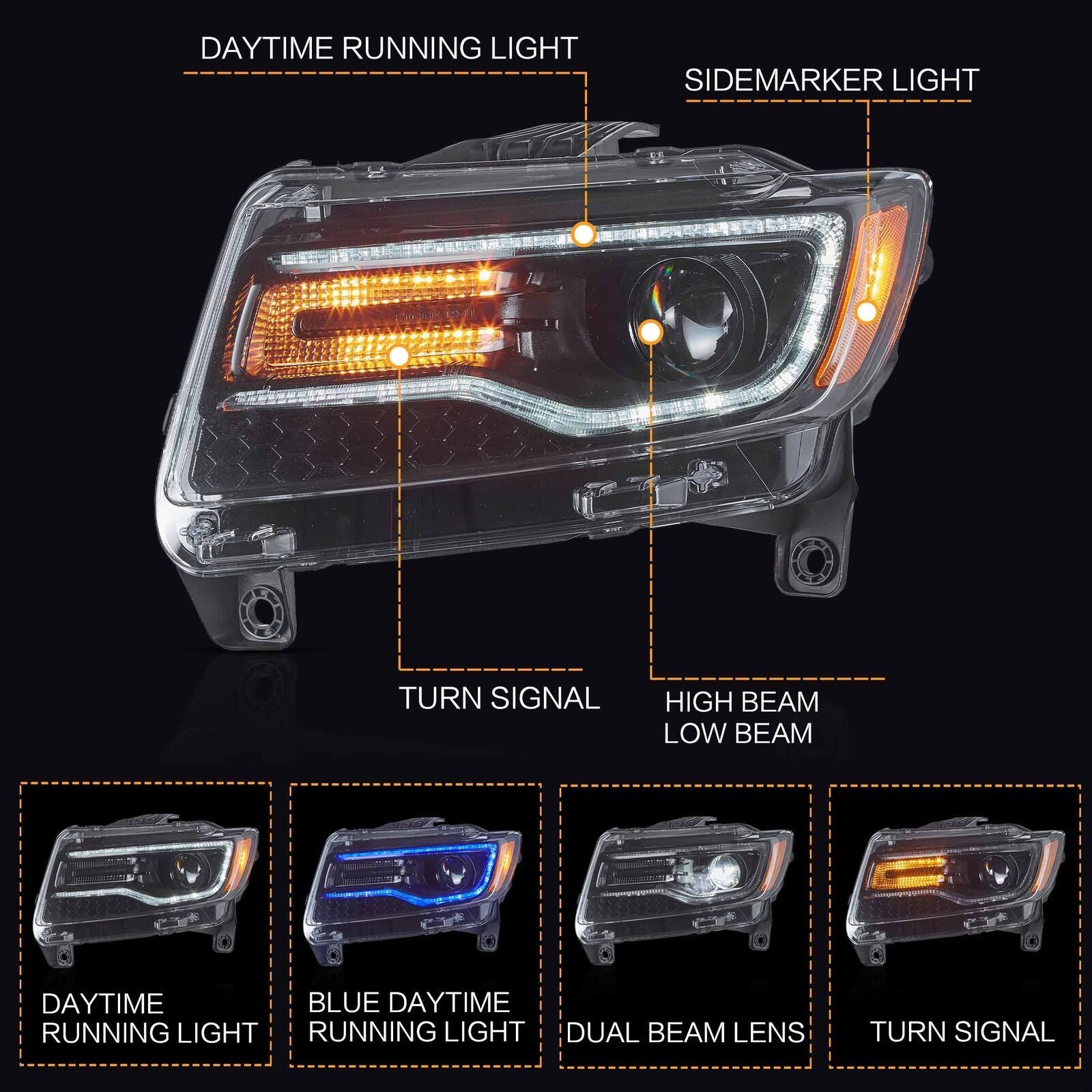 VLAND Full LED Headlights For 2011-2013 for Jeep Grand Cherokee W/Blue Animation Set