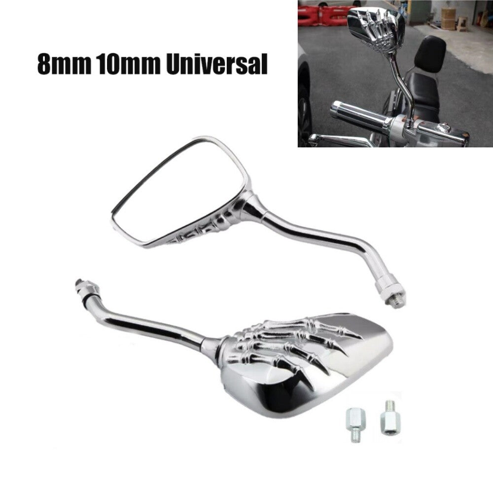 Motorcycle Aluminum Skull Hand Chrome Rearview Side Mirrors 8mm 10mm Universal