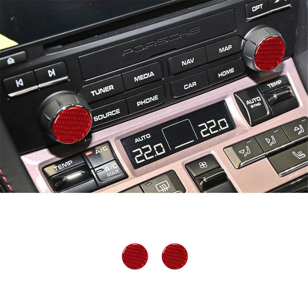 2X Red Carbon Fiber Center Multimedia Knob Cover Trim for Porsche 718 2016-2022