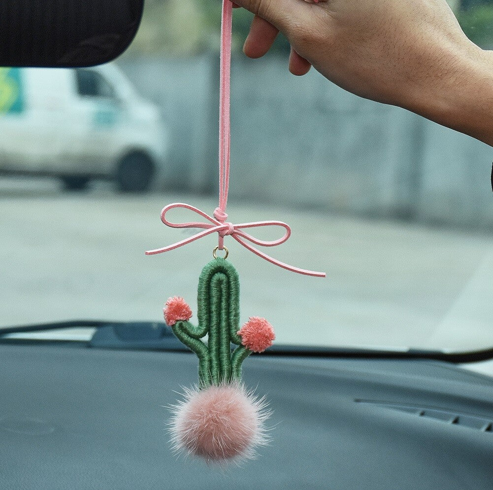 Green Cactus Car Rearview Mirror Ornament Hanging Cute Crochet Succulent Plant