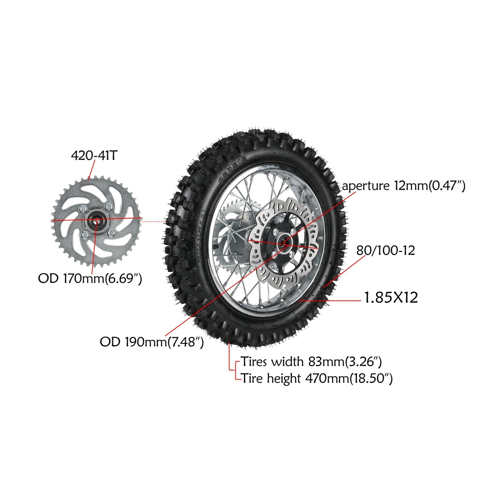 12 Rear Wheel 80/100-12 Tyre Rim 1.85x12 Sprocket Disc Pit Bike 125cc 110cc SSR