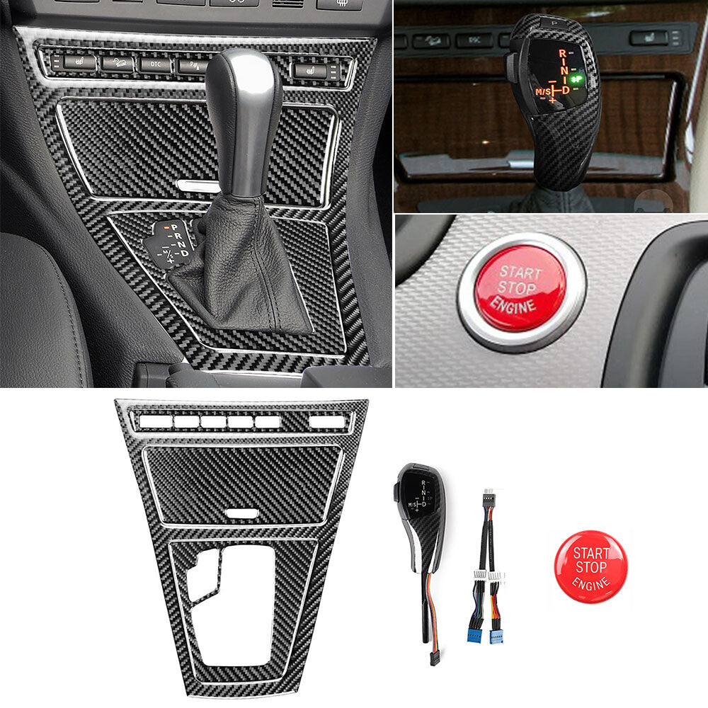 6¡ÁCarbon Fiber LED Gear Shift Knob Red Start Button Cover for BMW X3 E83 2004-10