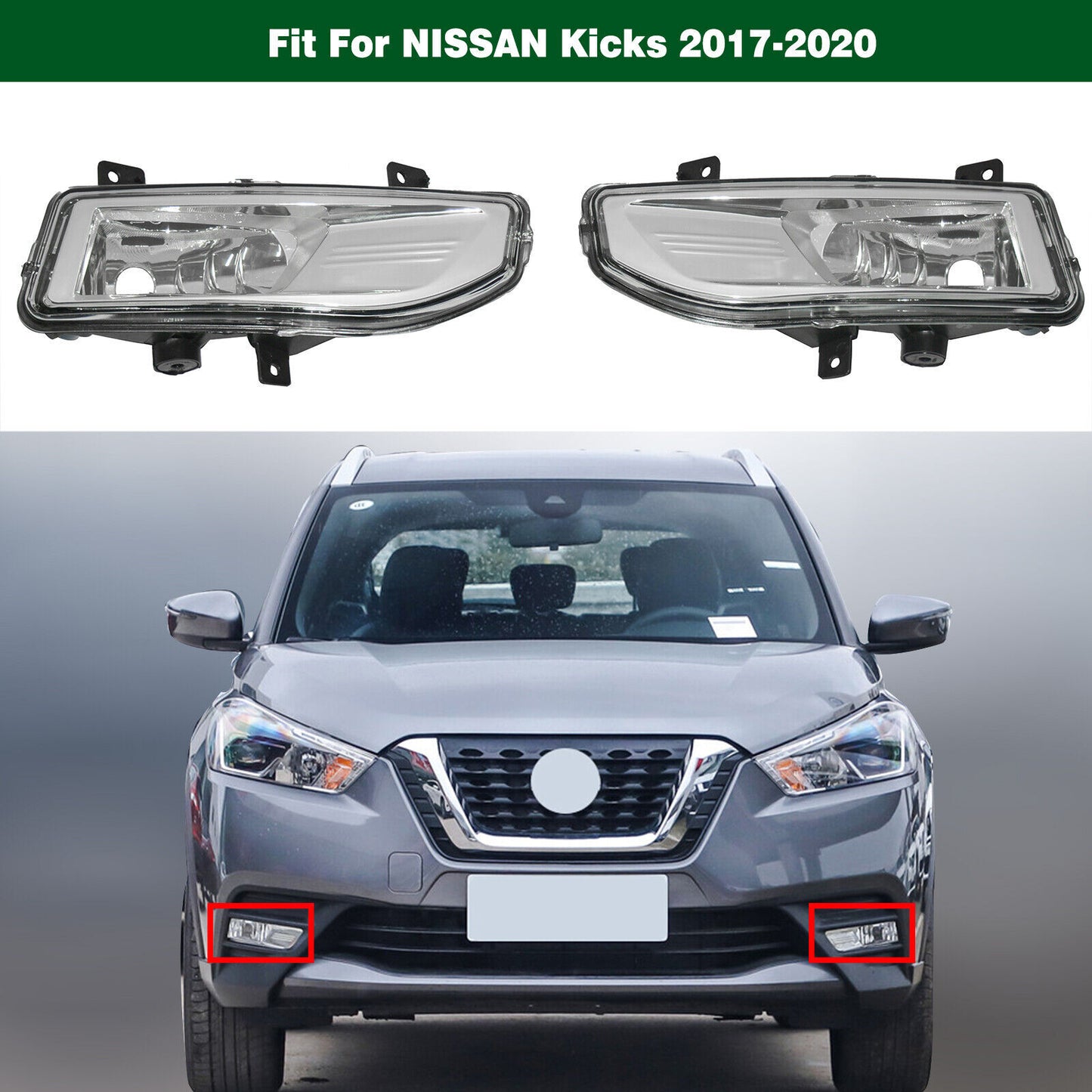 Front bumper fog lights and driving lights, clear LHR, suitable for Nissan Kicks 2017 - 2020.