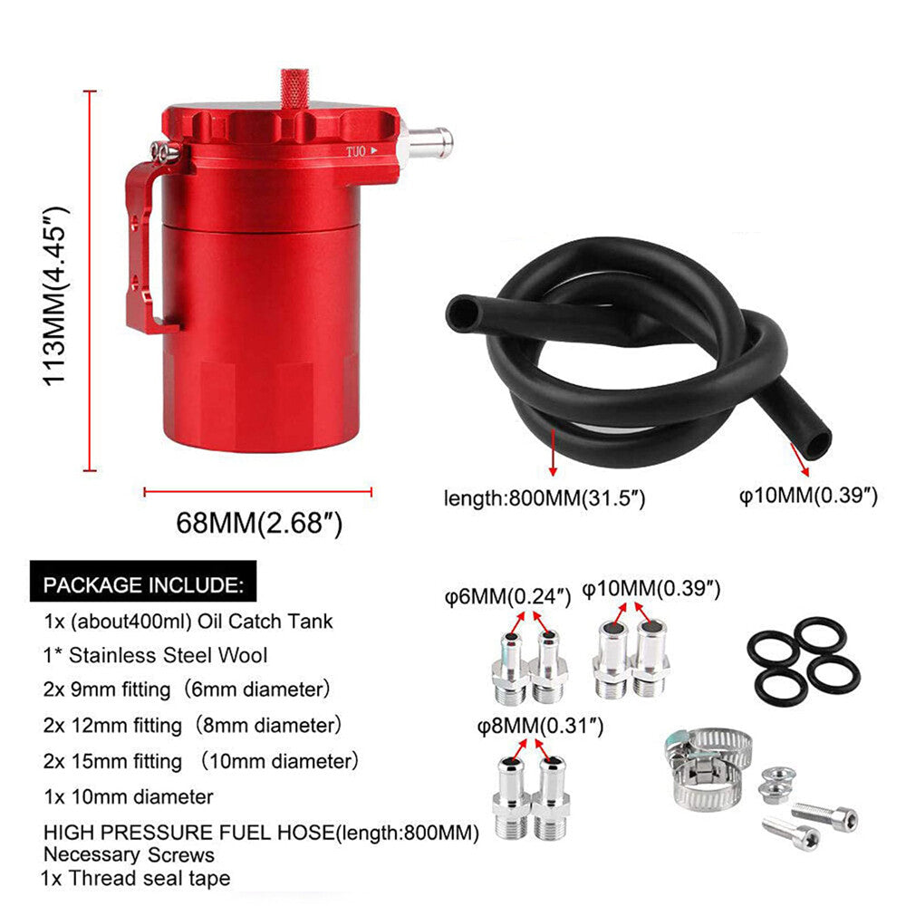 Red Universal Aluminum Baffled Oil Catch Can Tank Reservoir Breather+ Fittings